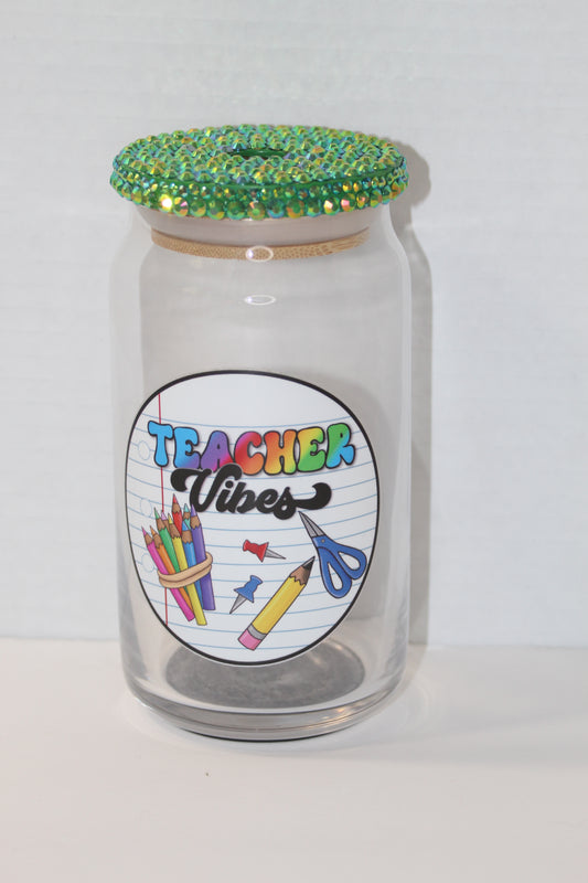 Green Teacher Vibes 16 oz Can Glass