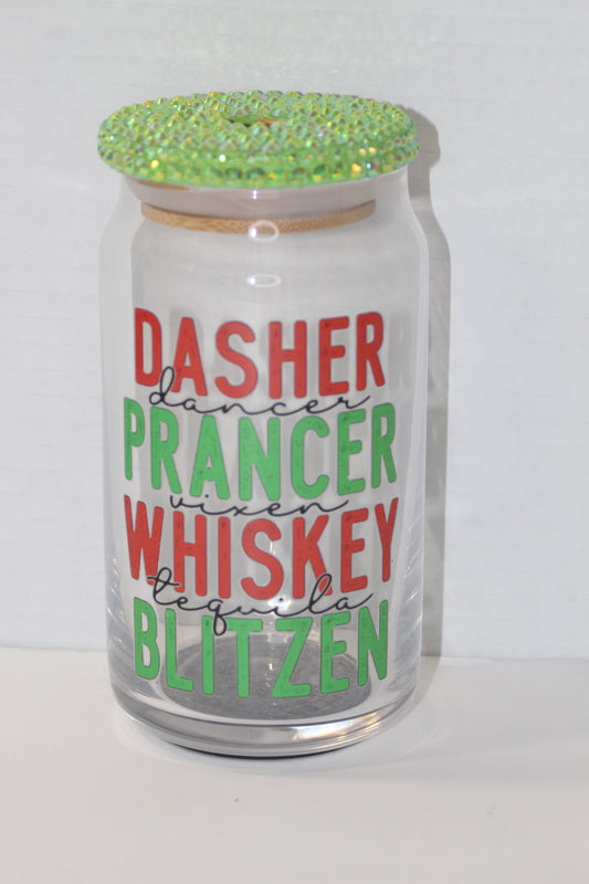 Reindeer Names in Green 16 oz Can Glass