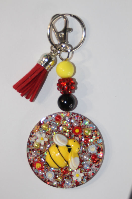 3D Bee Red Beaded Keychain