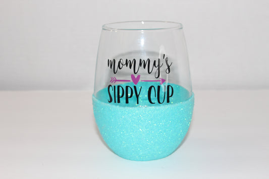 Mommy's Sippy Cup - Aqua Glittered Wine Glass