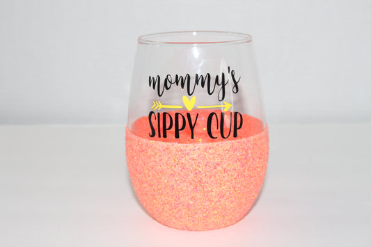 Mommy's Sippy Cup - Coral Glittered Wine Glass