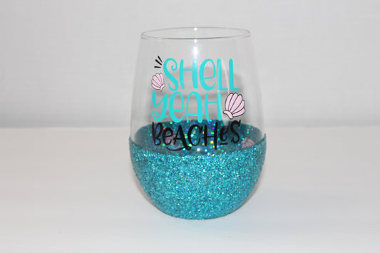 Shell Yeah Beaches Glittered Wine Glass